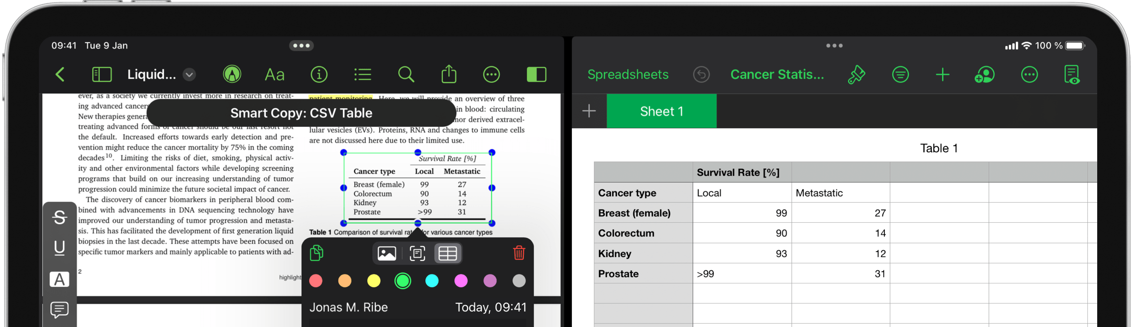 Top half of an iPad Pro in landscape mode showing Highlights and Numbers running side-by-side.